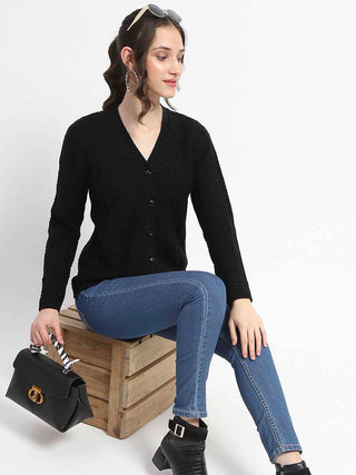 Madame Cable Knit V Neck Black Acrylic Blend Cardigan