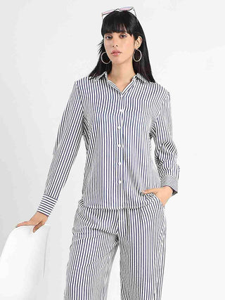 Madame Striped Navy Blue Cotton Blend Shirt