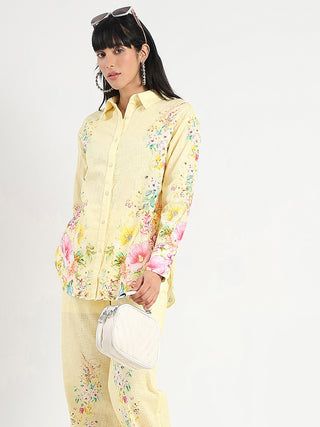 Madame Printed Shirt and Trousers Yellow Cotton Co-ord Set