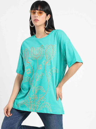 Madame Graphic Print Half Sleeve Peacock Green Cotton T-Shirt
