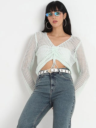 Madame Semi Sheer Drawstring Mint Green Knitted Crop Top