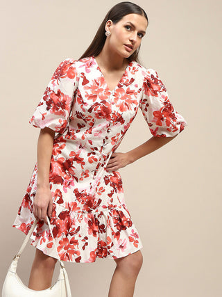 Madame Cotton Floral Print Tiered Red Mini Dress