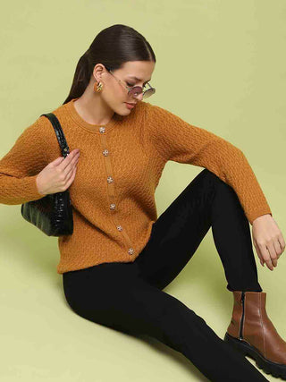 Madame Glossy Buttoned Cable Knit Mustard Yellow Cardigan