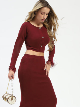 Madame Fur Sleeve Bodycon Wine Red Knit Co-ord Set