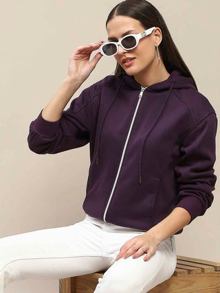 Madame Fleece Cut And Sew Detailed Zipped Purple Hoodie