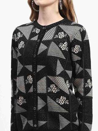 Madame Geometric Patterned Black and Grey Cardigan