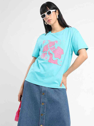 Madame Graphic Print Embellished Aqua Blue Sinker T-Shirt