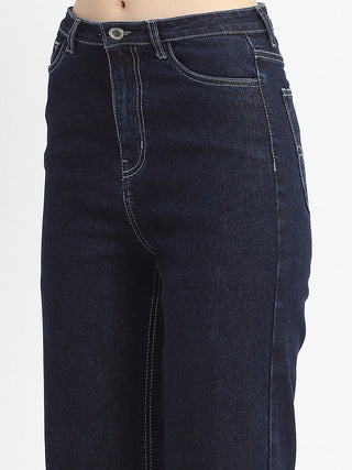 Madame Rolled Hem Straight Fit Solid Dark Blue Cotton Denim
