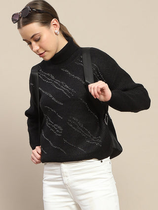 Madame Self Design Black Turtleneck Sweater