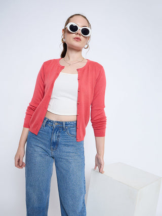 Madame Solid Coral Button Down Crew Neck Cardigan