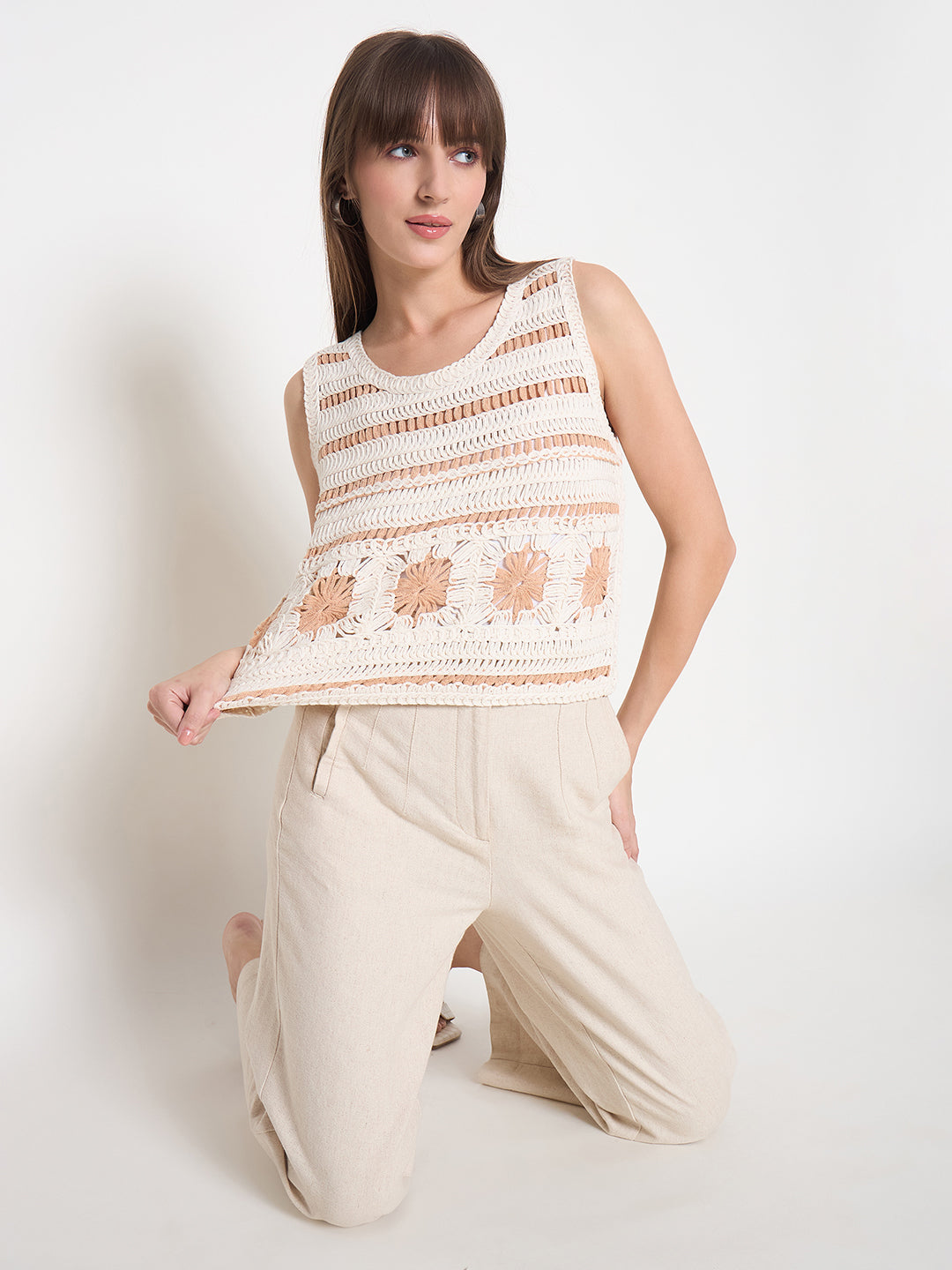 Madame Crochet Sleeveless Solid Beige Cotton Top color swatch