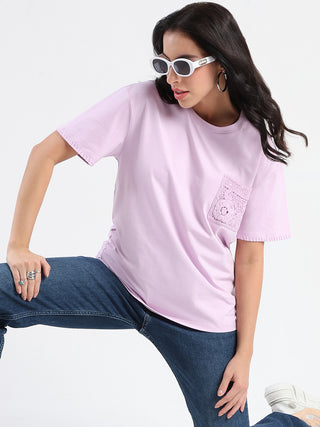 Madame Pocket Detailed Solid Mauve Cotton Blend T-shirt