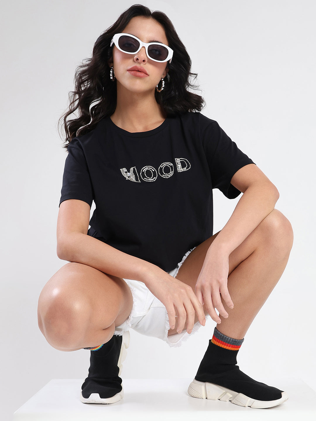 Madame Embellished Pocket Typography Black Cotton T-shirt color swatch