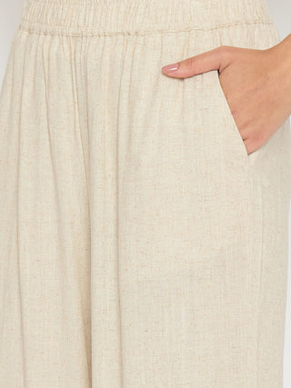 Madame Straight Fit Solid Beige Rayon Blend Trousers