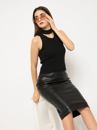 Madame Black Ribbed Sleeveless Cutout Sweater