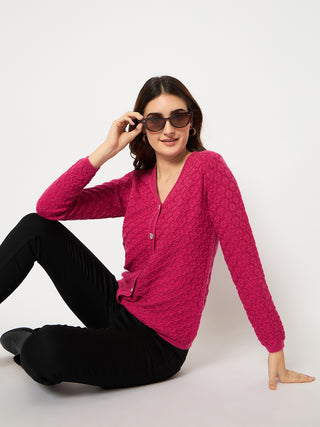 Madame Cable Knit V Neck Hot Pink Cardigan