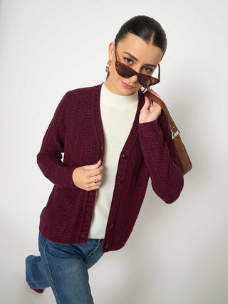 Madame Cable Knit V Neck Wine Cardigan