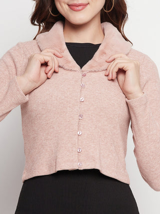 Madame Light Pink Rib-Knit Crop Cardigan