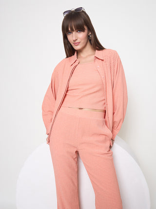 Madame Embroidered Shirt with Crop Tank and Wide-Leg Pants Three Piece Orange Co-ord Set