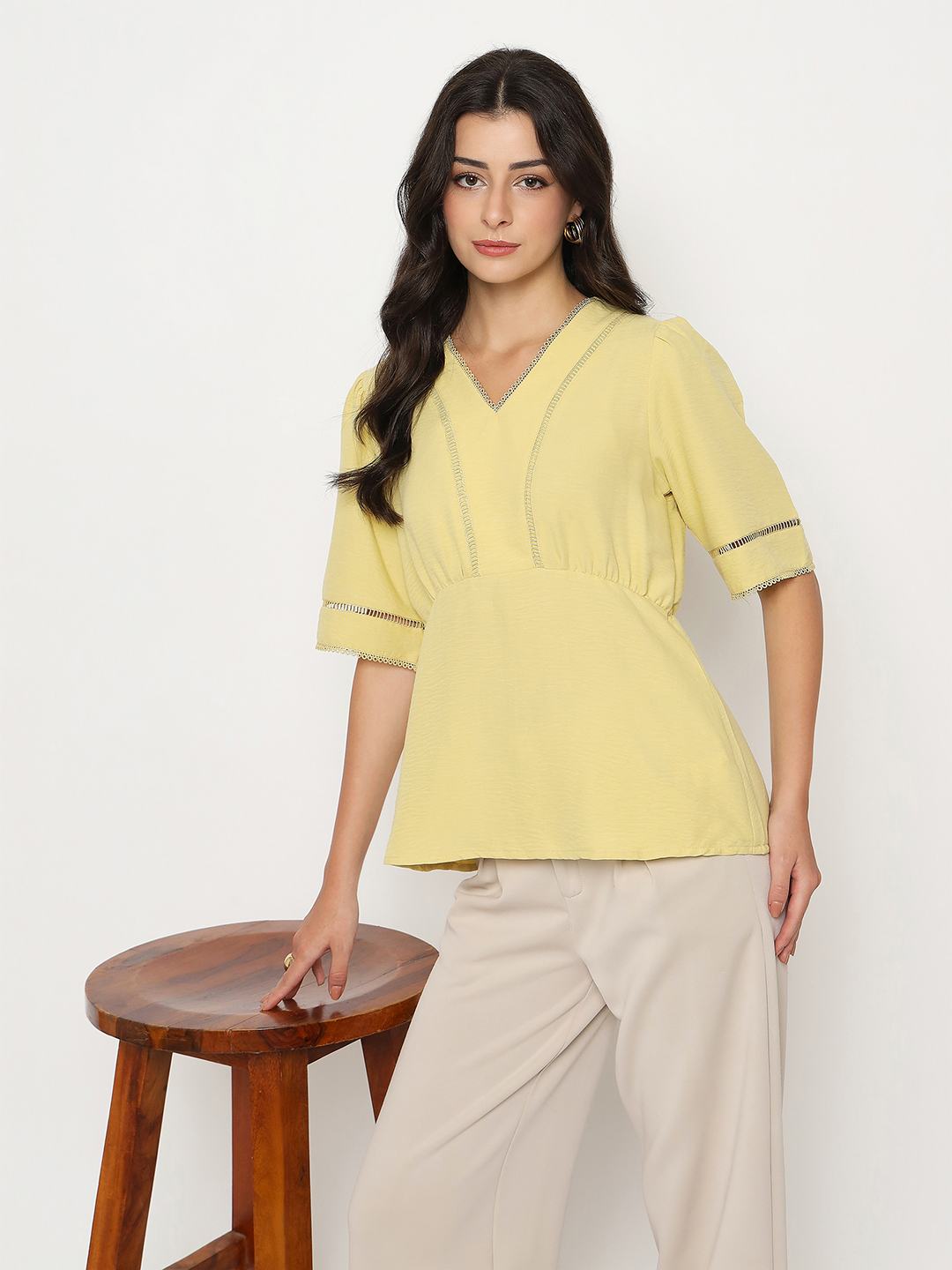 Madame V Neck Yellow Peplum Top color swatch