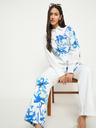 Madame Floral Print Shirt and Trousers Blue Cotton Co-ord Set