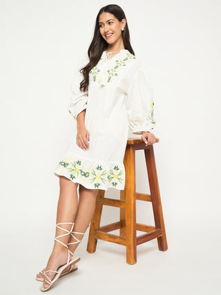 Madame Shanaya Kapoor Floral Embroidered Fit and Flare White Mini Dress