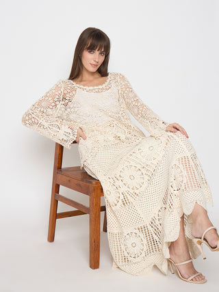 Madame Cotton Crochet Lace Tiered Beige Maxi Skirt
