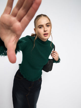 Madame Fringe Hem Mock Neck Green Sweater