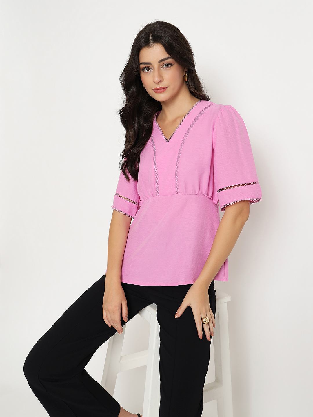 Madame V Neck Pink Peplum Top color swatch
