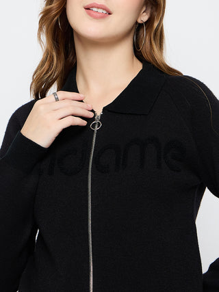 Madame Embroidered Zipped Black Sweater