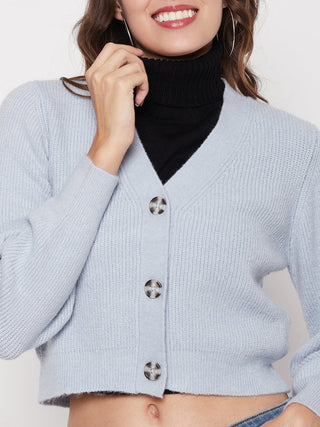 Madame Solid Powder Blue V-Neck Crop Cardigan