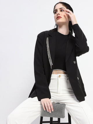 Madame Chain Adorned Notched Lapel Neckline Black Blazer