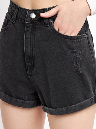 Madame Folded Hem Black Denim Shorts