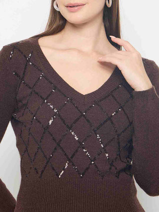 Madame Embellished Chocolate Brown Crop Sweater