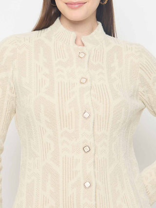 Madame Abstract Print Long Beige Cardigan