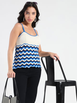 Madame Sleeveless Chevron Pattern Ribbed Trim Knit Top