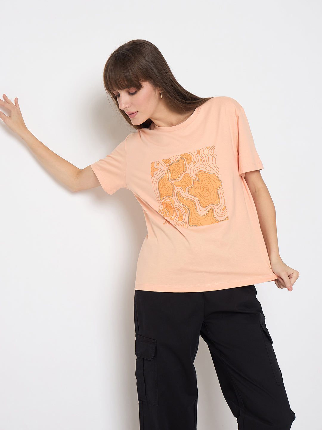 Madame Graphic Print Embellished Peach Sinker Tshirt color swatch