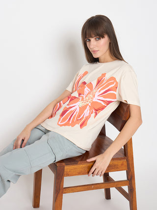 Madame Printed and Handwork Detailed Beige Sinker T-shirt