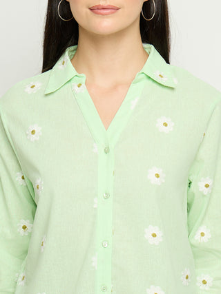 Madame Floral Embroidery Green Cotton Shirt