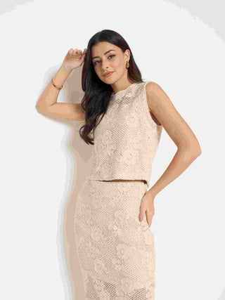 Madame Shanaya Kapoor Floral Lace Top and Midi Skirt Beige Co-ord Set