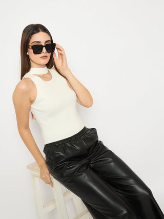 Madame Off White Ribbed Sleeveless Cutout Sweater