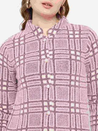 Madame Plaid Pattern Buttoned Wine Red Cardigan