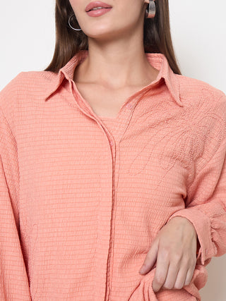 Madame Embroidered Shirt with Crop Tank and Wide-Leg Pants Three Piece Orange Co-ord Set