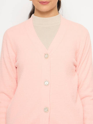 Madame V Neck Solid Peach Cardigan