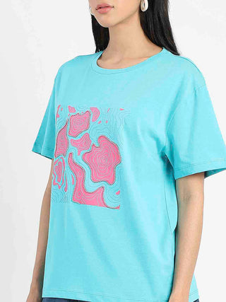 Madame Graphic Print Embellished Aqua Blue Sinker T-Shirt