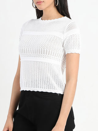 Madame Semi Sheer Knitted Cotton Blend White Top