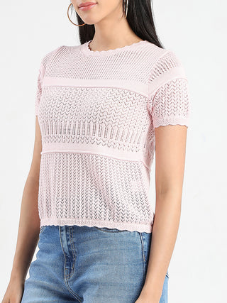 Madame Semi Sheer Knitted Cotton Blend Pink Top