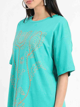 Madame Graphic Print Half Sleeve Peacock Green Cotton T-Shirt