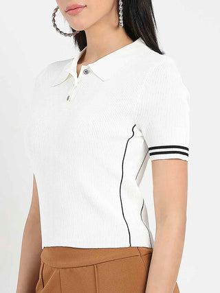 Madame Contrast Trim Polo Neck White Knitted T-shirt