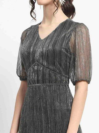 Madame Shimmery Corset Detailed Puff Sleeved Black Midi Dress